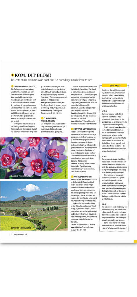 Weg!-tydskrif - A page from Weg magazine in Afrikaans showcasing spring flower festivals in South Africa.
