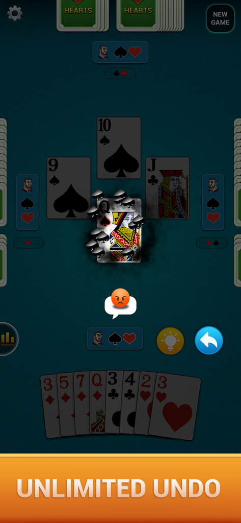 Hearts : Deluxe Card Game - Gameplay screen of Hearts Deluxe Card Game highlighting the unlimited undo feature and large easy to read cards