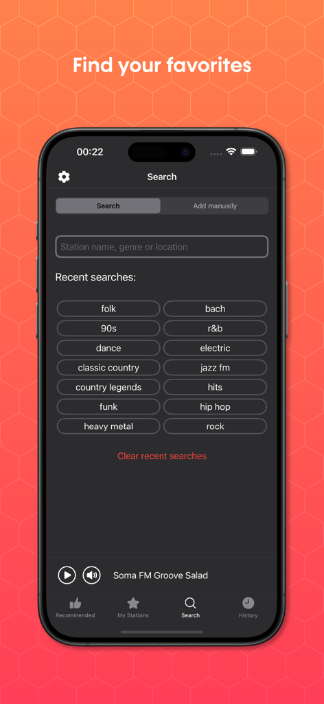 Search screen of the Eter radio app featuring various music genre categories and a search bar