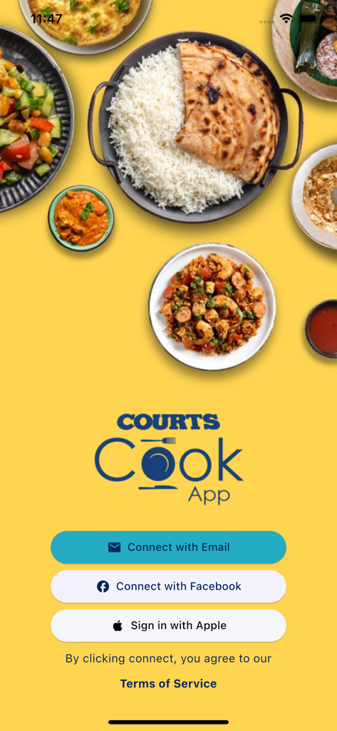 Courts Cook App - Courts Cook App login screen featuring Caribbean dishes and various sign-in buttons