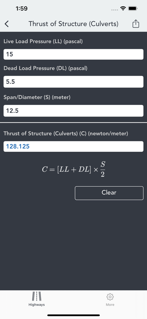 Highways & Roadwork Calculator - Schermata di un'app mobile che mostra un calcolatore di ingegneria civile per la spinta delle strutture nelle condotte, inclusi campi di input per la pressione del carico e la formula matematica.