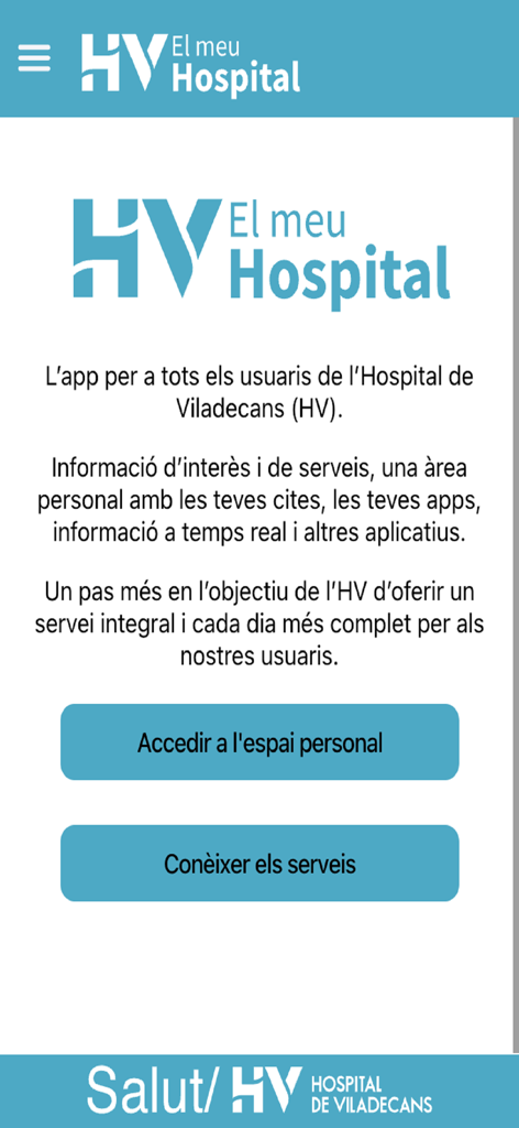 Hospital de Viladecans - Interfaz principal de la aplicación móvil del Hospital de Viladecans en catalán que incluye enlaces a cuentas personales y servicios del hospital.
