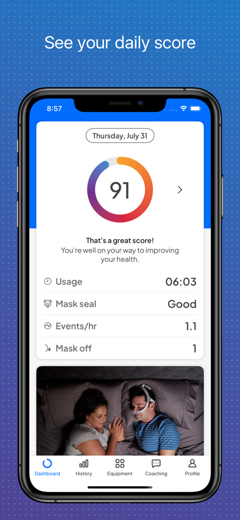 La dashboard dell'app mobile myAir di Resmed che mostra un punteggio del sonno giornaliero di 91 e le metriche della terapia CPAP.