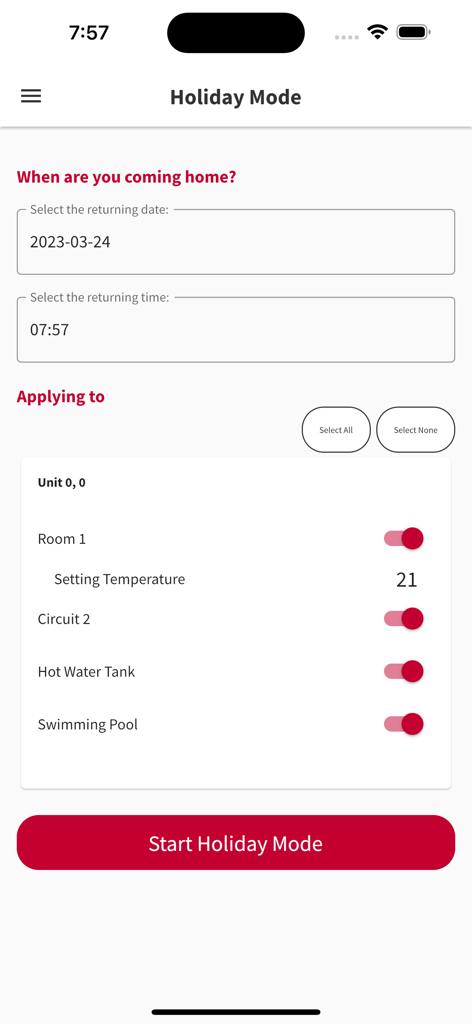 CSNET Home - CSNET Home app holiday mode configuration interface for remote HVAC control