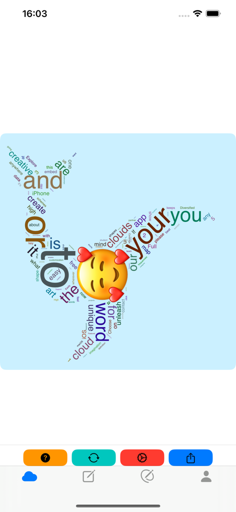 WordCloudMaster 앱 내에 하트 이모티콘 센터가 있는 벌새 모양의 워드 클라우드