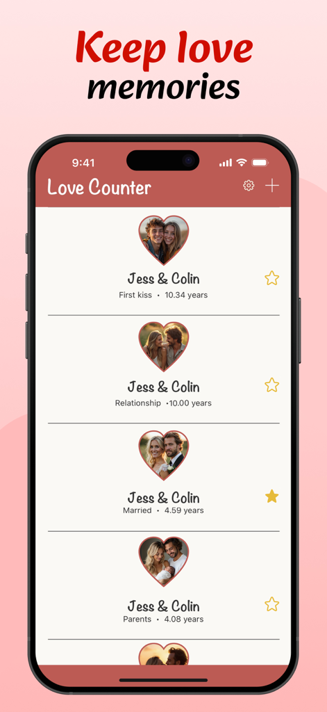 Love Counter - Dating Tracker - A smartphone screen displaying the Love Counter app with a list of relationship milestones and durations for a couple