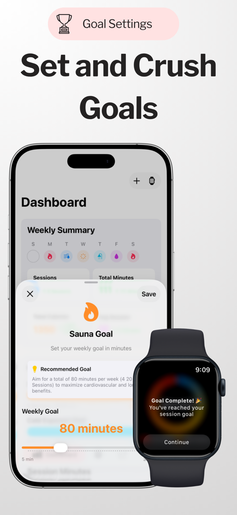 iPhone and Apple Watch showing sauna goal settings and a goal complete notification