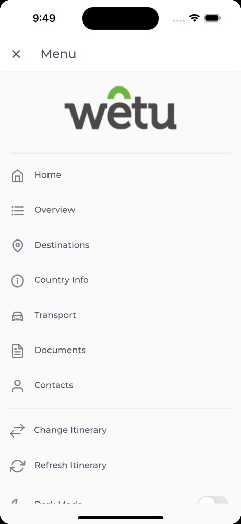 Das Navigationsmenü der TravelKey-App mit Reiseroute-Abschnitten wie Dokumente und Transport.