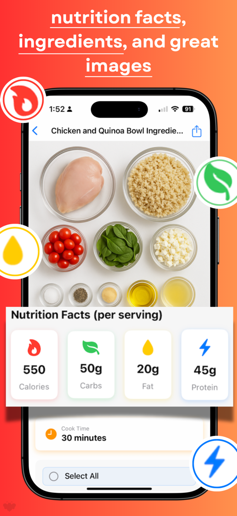 Chefy - AI Cooking Assistant - Screenshot of Chefy app showing recipe ingredients for a chicken and quinoa bowl along with per-serving nutrition facts including calories, carbs, fat, and protein.