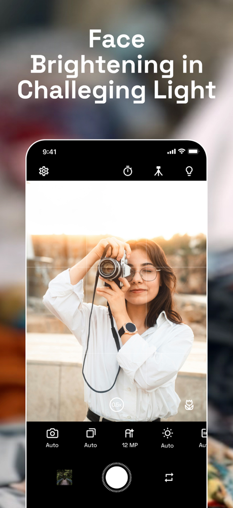 NeuralCam Aperture - NeuralCam Aperture app interface showing a portrait of a woman with face brightening technology in challenging lighting