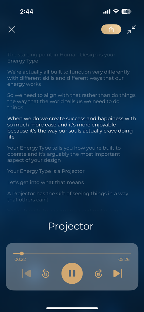 Lección de audio para el tipo de energía Proyector en la app de Diseño Humano Align.