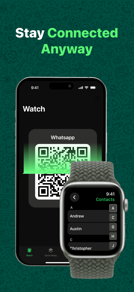 WatchsApp - Chat on Watch - Un iPhone mostrando un código QR para emparejar WhatsApp con un Apple Watch mostrando una lista de contactos.