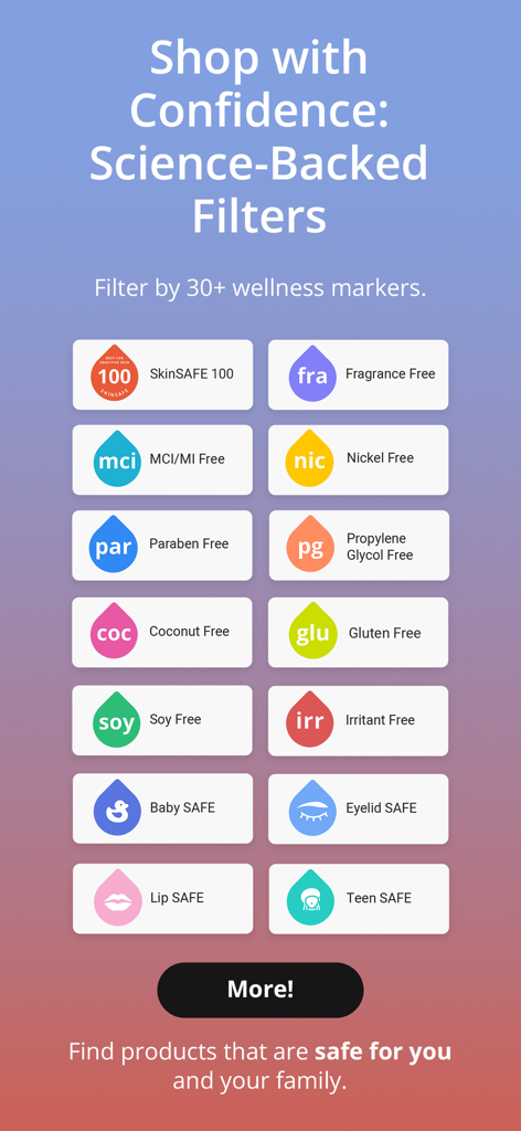 SkinSAFE: AI Skincare Scanner - A list of science-backed wellness markers and ingredient filters for safe skincare shopping.