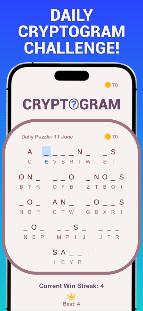 Cryptogram Word Puzzles - Daily cryptogram word puzzle with a win streak on a mobile screen