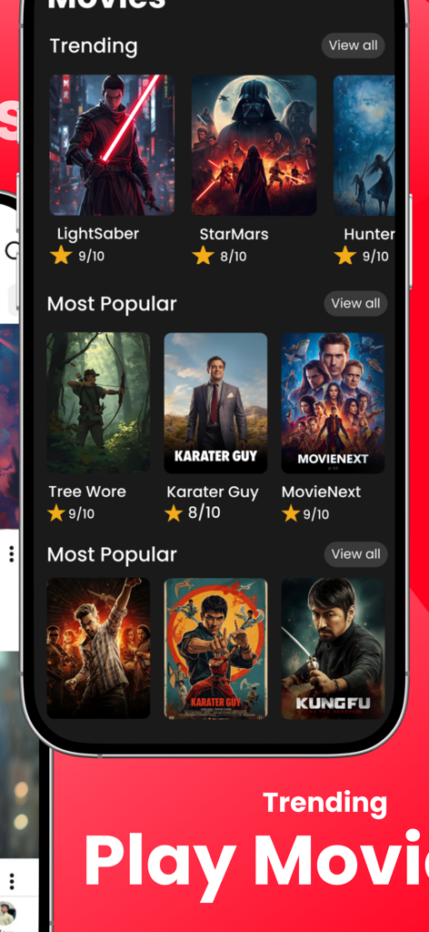 Tubidy FM : Music, Song Player - Pantalla de la app Tubidy FM mostrando películas de moda y populares con calificaciones de usuario.