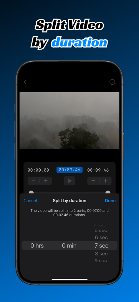 Pantalla de smartphone mostrando la función de división por duración de la aplicación Dividir Video en Partes.