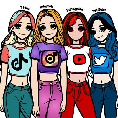 a group of 4 girls each with either tiktok, instagram, youtube, and twitter on their crop tops