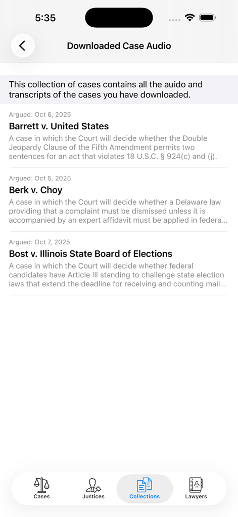 OYEZ - A list of downloaded Supreme Court case audio and transcripts in the Oyez legal app