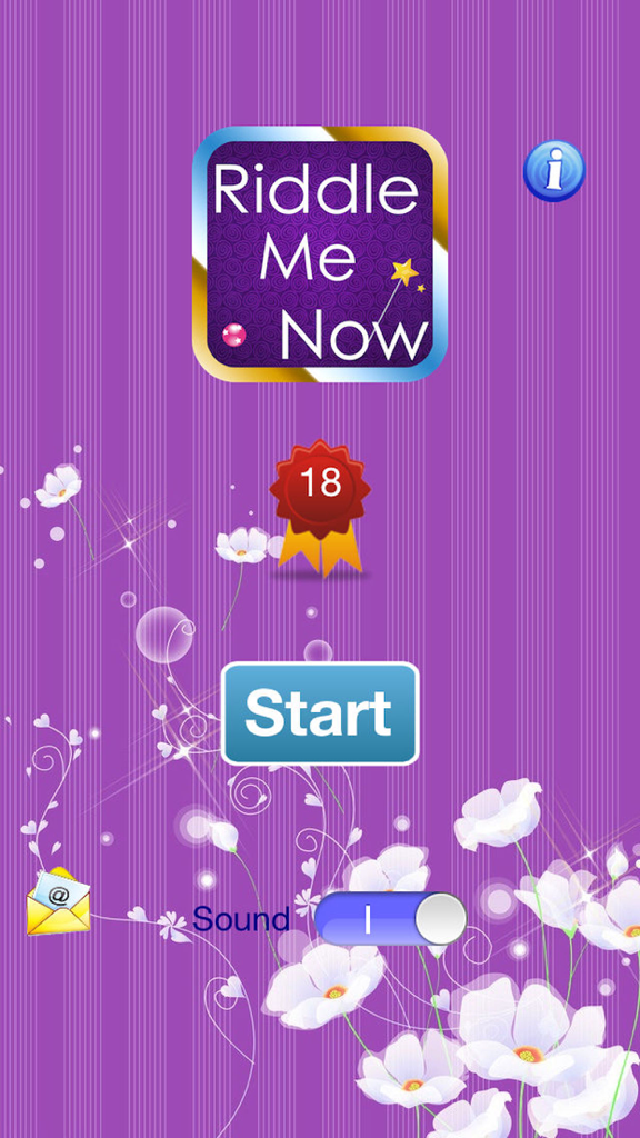 Riddle Me Now - Main menu of Riddle Me Now puzzle app featuring a start button and purple floral background