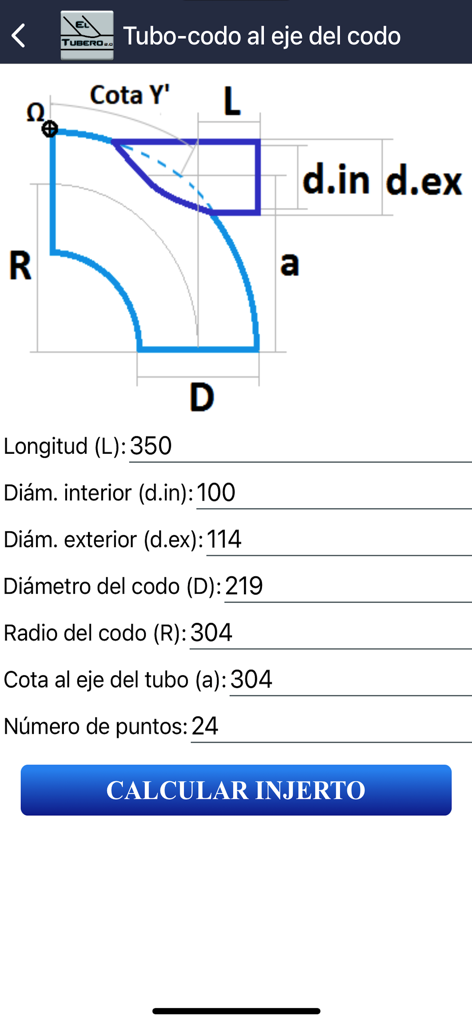 Diagrama técnico y campos de entrada para cálculos de injerto de tubo a codo en la aplicación El Tubero 2.0
