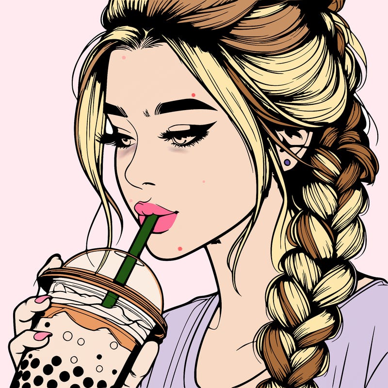 realistic girl drinking boba tea with braided hair