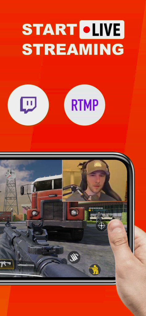 Live Recorder -Screen Recorder - Mobile Bildschirmaufnahme-App zeigt Live-Streaming-Gameplay mit Facecam-Integration und Twitch RTMP-Unterstützung