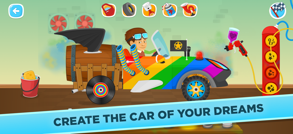 A colorful custom rainbow car with wings and barrel parts in a garage workshop interface for kids.