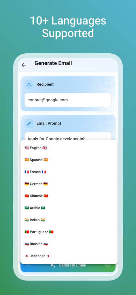 Benutzeroberfläche des KI-E-Mail-Assistenten Assistant Pro, die ein Dropdown-Menü mit über 10 unterstützten Sprachen für die Erstellung professioneller E-Mails anzeigt