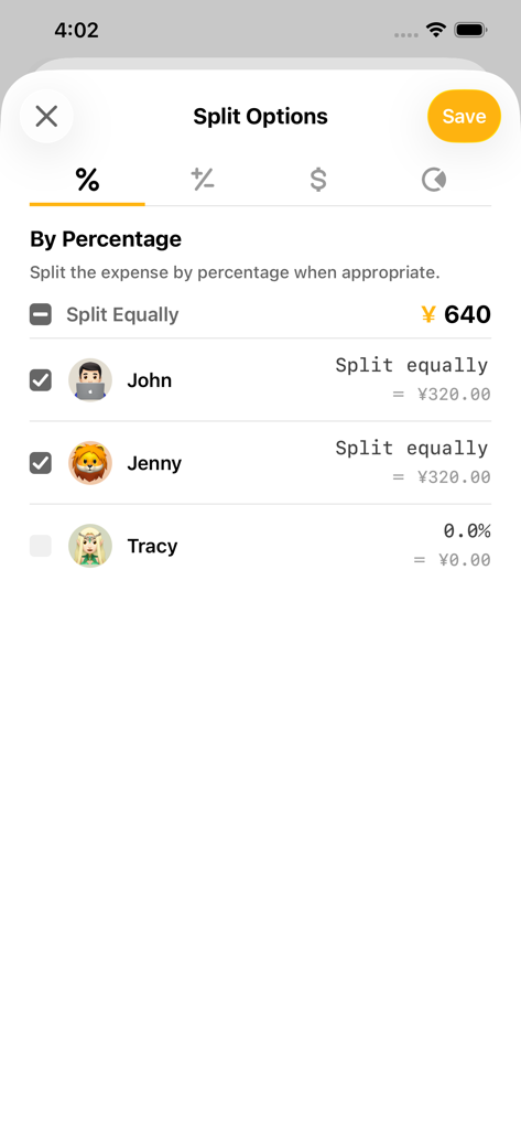 Interface of the Bill Bear app showing options to split an expense by percentage between friends.