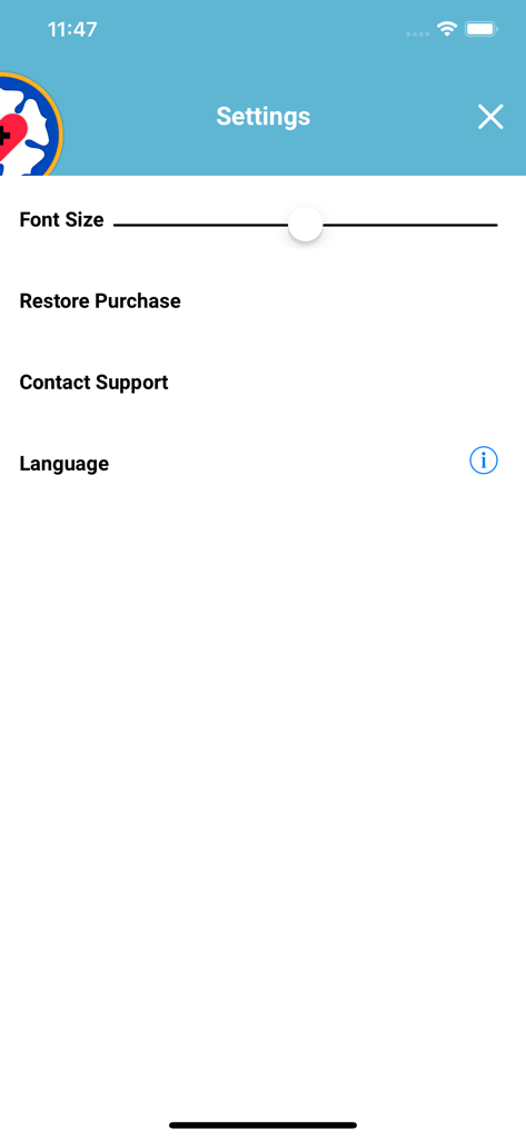 Interface des paramètres de l'application Petit catéchisme de Luther affichant les options de taille de police et de langue