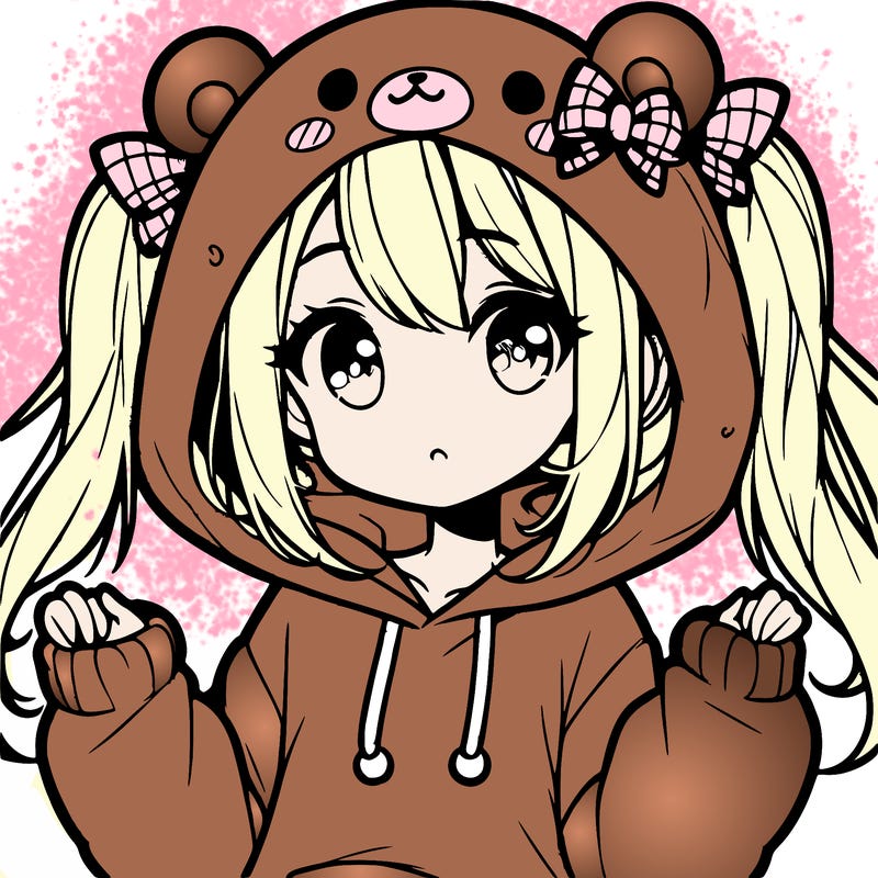 cute anime girl with ponytails and a cute bear hoodie