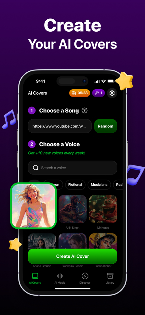 AI Music Maker Song Generator - Mobile app interface of AI Music Maker showing the process to create AI song covers by selecting a song and a custom voice