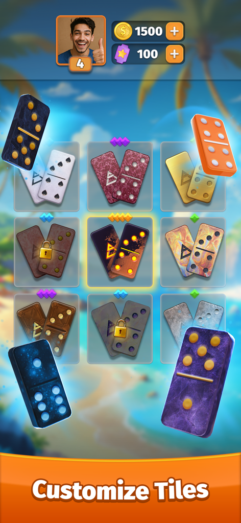 Domino online - play dominoes! - Interfaz de la aplicación Domino online que muestra varios sets de fichas y apariencias personalizadas como mármol galaxia y diseños dorados