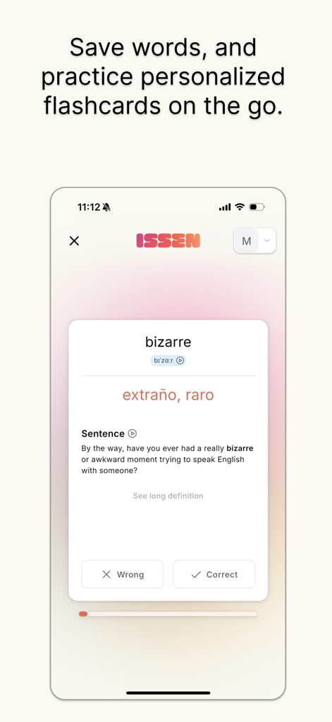A personalized flashcard in the ISSEN app showing a vocabulary word with its Spanish translation and a context sentence.