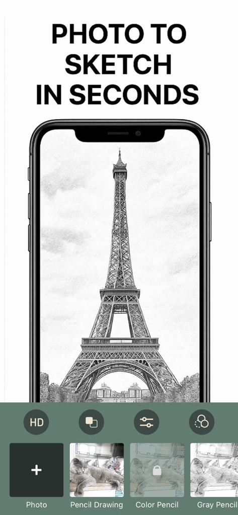 Interfaccia di un'app mobile che mostra una foto della Torre Eiffel convertita in uno schizzo a matita