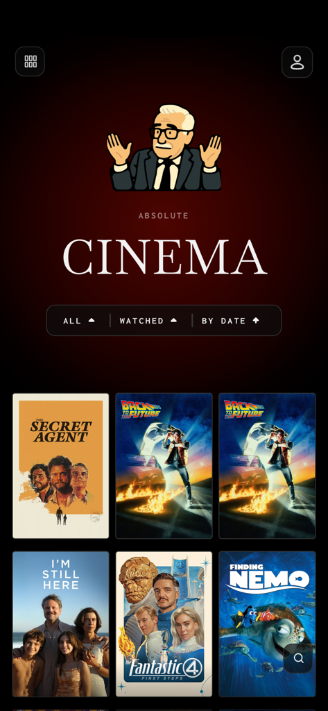 Interfaz de usuario minimalista de la aplicación Absolute Cinema que muestra una cuadrícula de pósteres de películas y filtros de navegación sobre un fondo oscuro