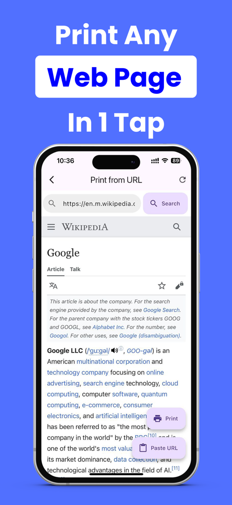 Printer App Smart Printer・ - Smart Printer app interface showing how to print a Wikipedia web page from an iPhone in one tap.