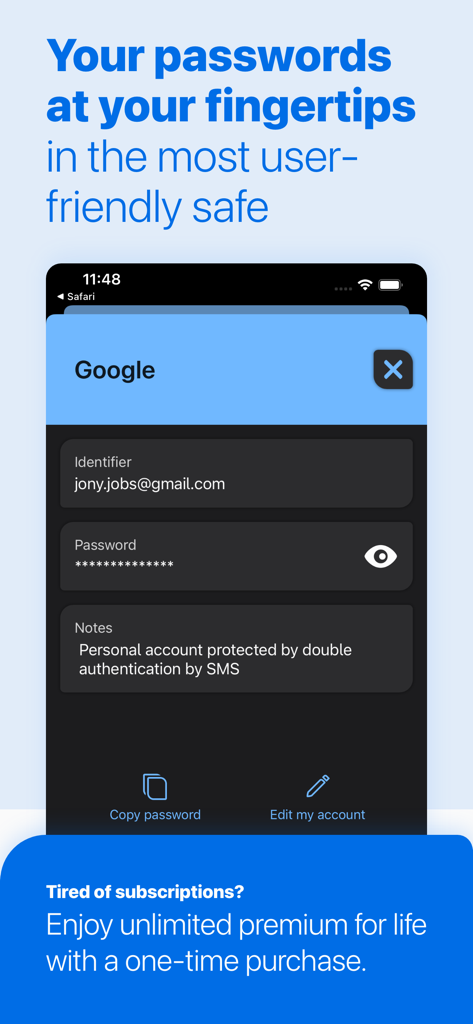 Sésame secure Password Manager - Schermata di Sésame Password Manager che visualizza i dettagli dell'account Google e un'offerta premium a vita.