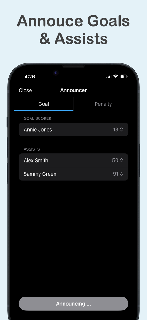 MyHockeyAnnouncer - Live - Screenshot of the MyHockeyAnnouncer app showing the interface for announcing goal scorers and assists in dark mode