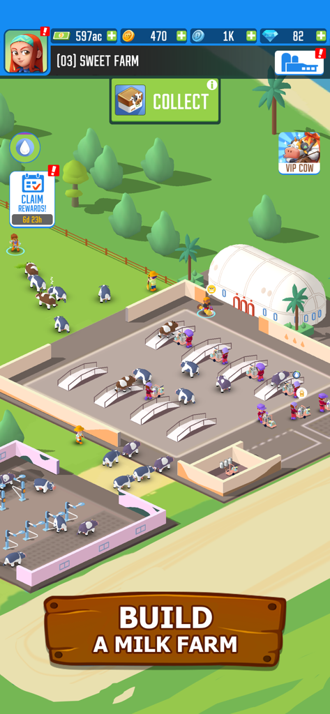 Milk Farm Tycoon - Top-down view of a dairy farm in Milk Farm Tycoon showing cows and production lines