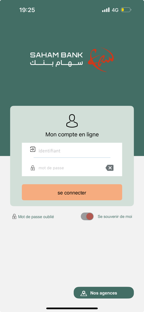 Page de connexion de l'application Appli pro by SAHAM BANK avec champs de saisie du nom d'utilisateur et du mot de passe et un bouton de connexion