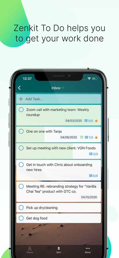 Zenkit To Do app displaying a list of work and personal tasks on a smartphone screen