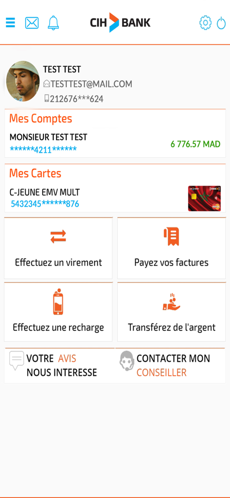 CIH Mobile banking app dashboard displaying account balance and transaction options