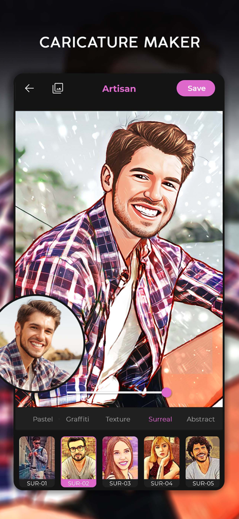 Interfaz de la aplicación Artisan que muestra el retrato de un hombre con un filtro de caricatura de dibujo animado y una selección de filtros artísticos en la parte inferior