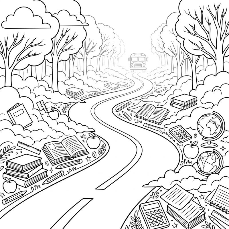 Prepare for an exciting academic journey with this unique Back to School coloring page, featuring a mysterious foggy road leading to a waiting school bus. Unleash your creativity as you color a path filled with essential school supplies, from books and pencils to apples and globes.