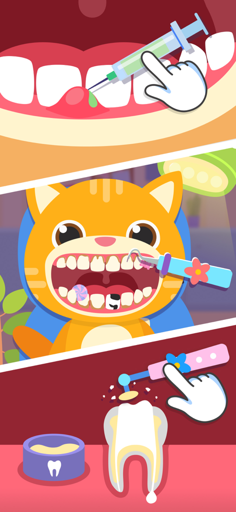 Dentist Baby Games for Kids - Tres escenas verticales del juego que muestran a un gato de dibujos animados recibiendo tratamiento dental con varias herramientas