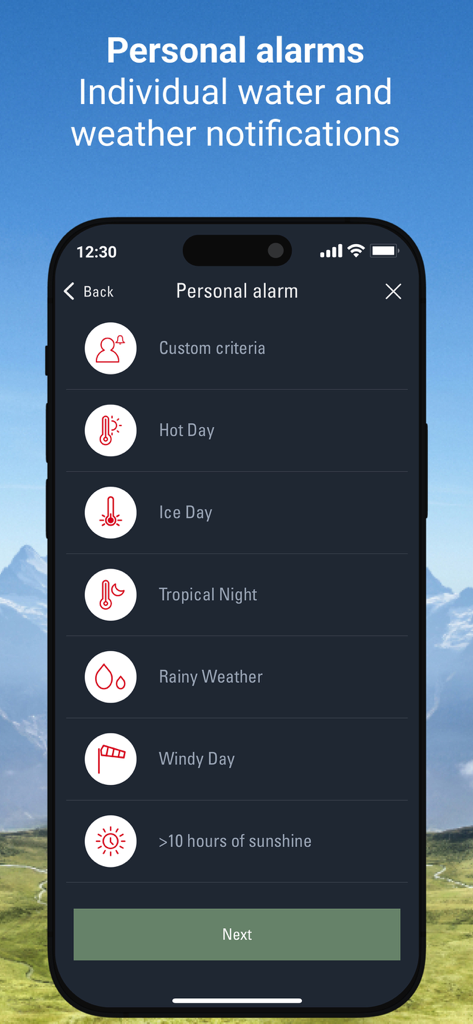 Weather Alarm: Switzerland - Configuración personalizada de notificaciones meteorológicas y de agua en la aplicación Weather Alarm Switzerland