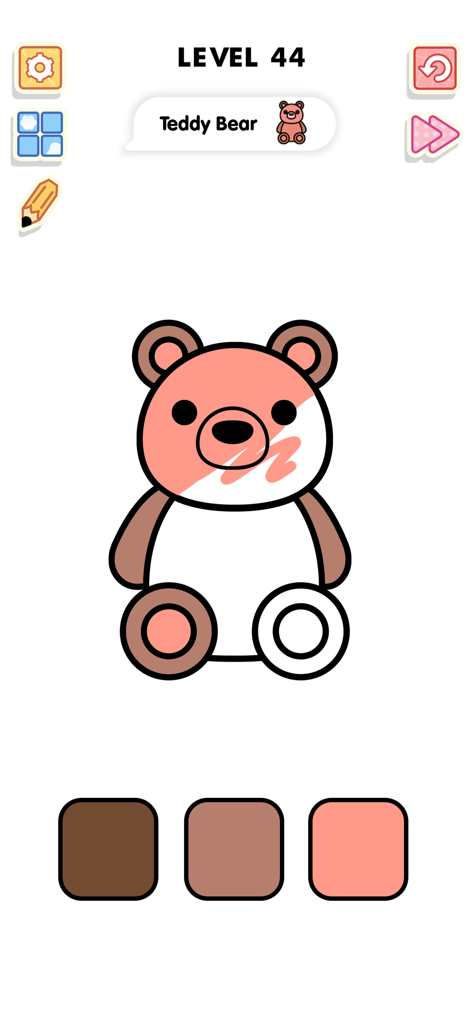 색칠 중인 귀여운 곰 인형이 있는 색칠 게임 인터페이스