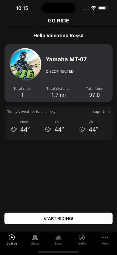 MyRide – Motorcycle Routes - MyRide app Go Ride screen showing motorcycle stats for a Yamaha MT-07 and local weather