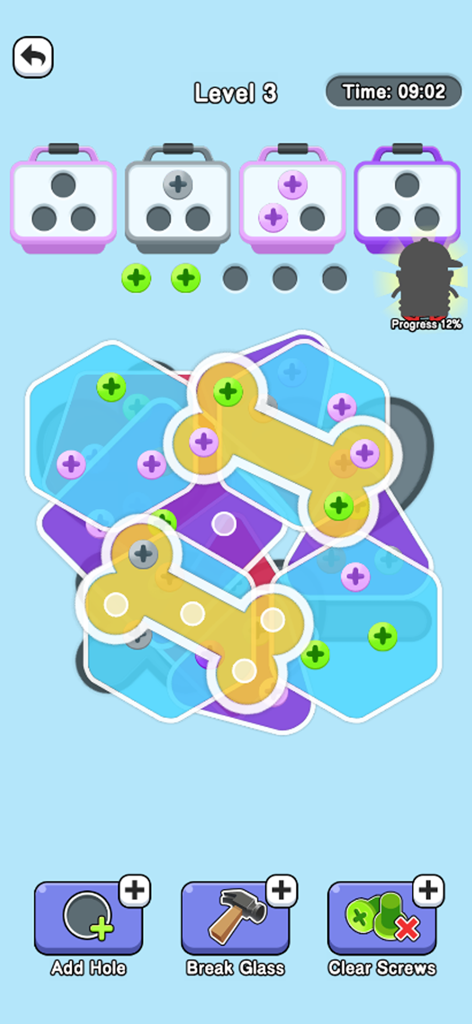 Screw Out:Screw Pin Jam Puzzle - Gameplay screenshot of Screw Out showing colorful shapes secured by screws and tools at the bottom